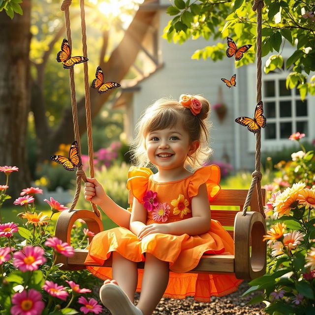 A heartwarming scene of a beloved young girl, the daughter of a housekeeper, sitting on a swing in a lush garden