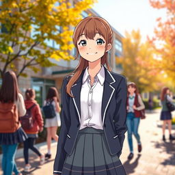 A charming scene featuring a high school girl, the beloved daughter of a housekeeper, standing in front of a school building