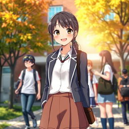 A charming scene featuring a high school girl, the beloved daughter of a housekeeper, standing in front of a school building