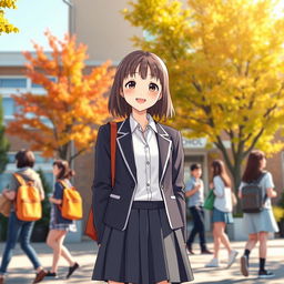 A charming scene featuring a high school girl, the beloved daughter of a housekeeper, standing in front of a school building
