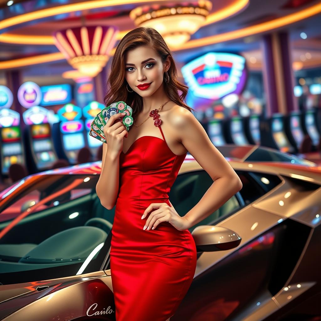 A glamorous casino-themed girl, holding a set of colorful casino chips in one hand and standing next to a sleek, high-end sports car