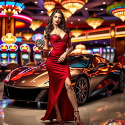A glamorous casino-themed girl, holding a set of colorful casino chips in one hand and standing next to a sleek, high-end sports car