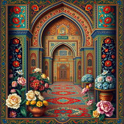 A vibrant and intricate Persian art scene featuring traditional motifs and patterns, showcasing brilliant colors and detailed designs inspired by classic Persian carpets and tiles
