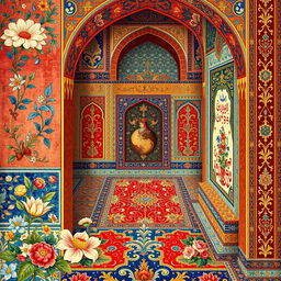 A vibrant and intricate Persian art scene featuring traditional motifs and patterns, showcasing brilliant colors and detailed designs inspired by classic Persian carpets and tiles