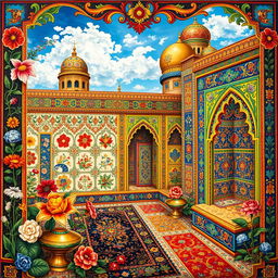 A vibrant and intricate Persian art scene featuring traditional motifs and patterns, showcasing brilliant colors and detailed designs inspired by classic Persian carpets and tiles