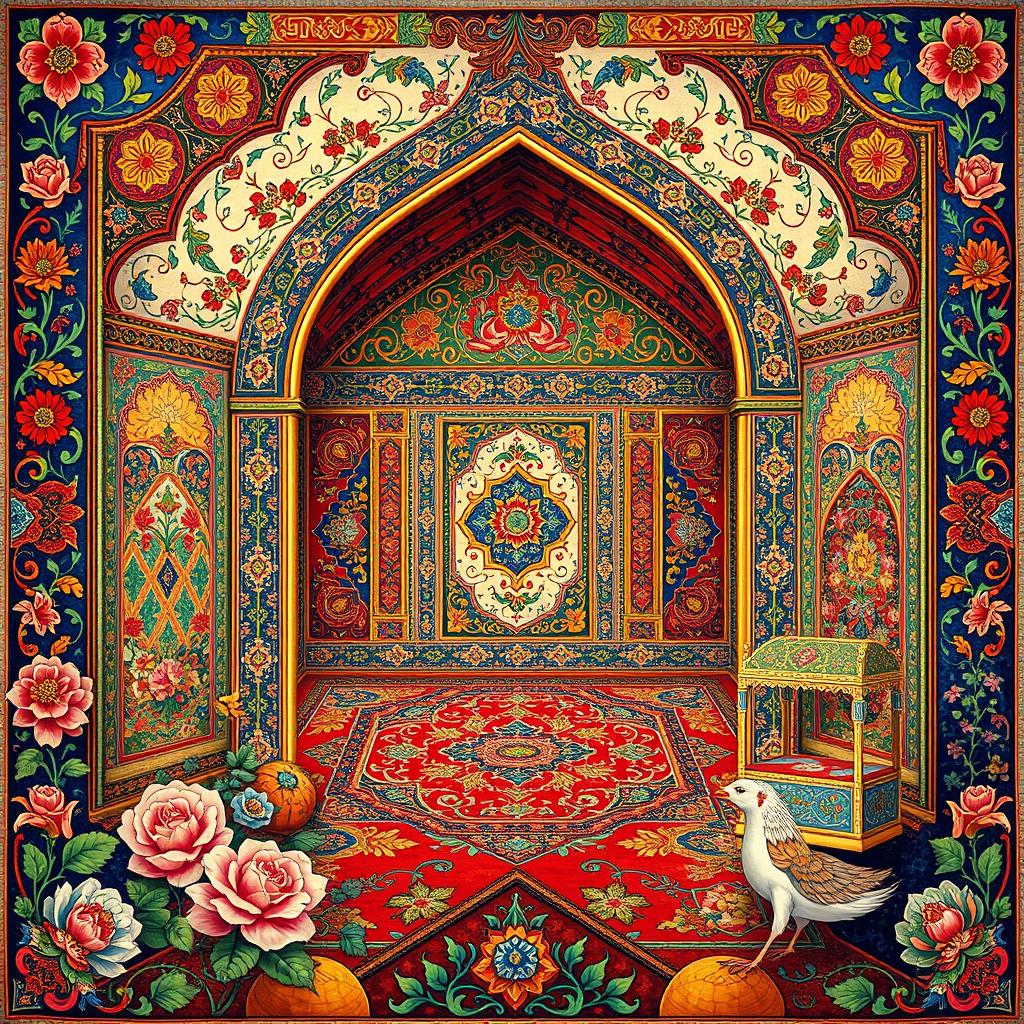 A vibrant and intricate Persian art scene featuring traditional motifs and patterns, showcasing brilliant colors and detailed designs inspired by classic Persian carpets and tiles