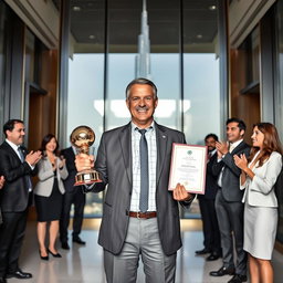 A confident CEO of a large company standing proudly in a modern office with a view of the Burj Khalifa in the background