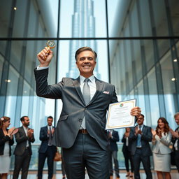 A confident CEO of a large company standing proudly in a modern office with a view of the Burj Khalifa in the background