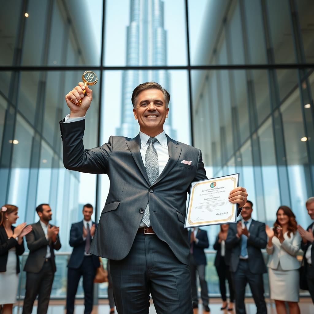 A confident CEO of a large company standing proudly in a modern office with a view of the Burj Khalifa in the background