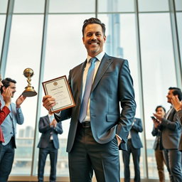 A confident CEO of a large company standing proudly in a modern office with a view of the Burj Khalifa in the background