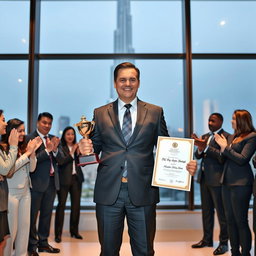 A confident CEO of a large company standing proudly in a modern office with a view of the Burj Khalifa in the background
