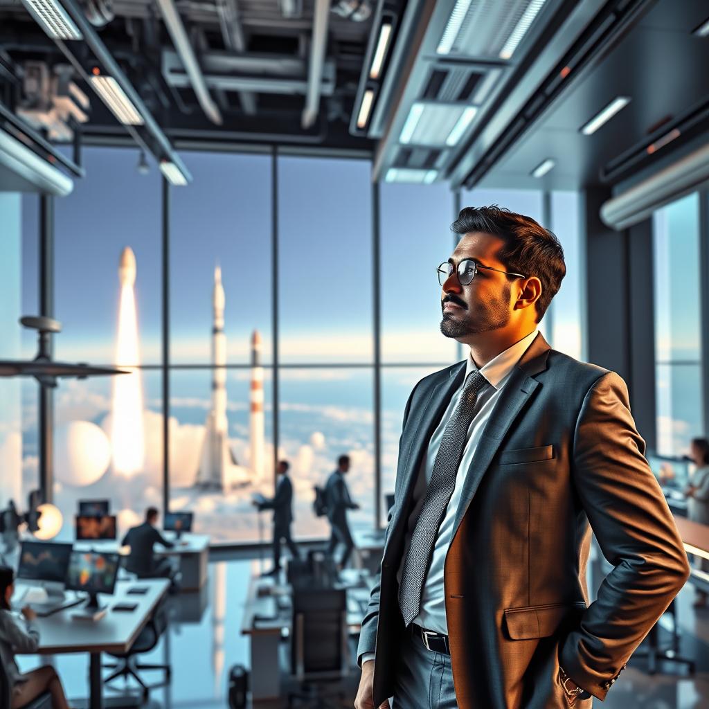 A dynamic and futuristic office interior of a large aerospace company resembling SpaceX, showcasing high-tech designs and advanced technology