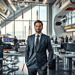 A dynamic and futuristic office interior of a large aerospace company resembling SpaceX, showcasing high-tech designs and advanced technology