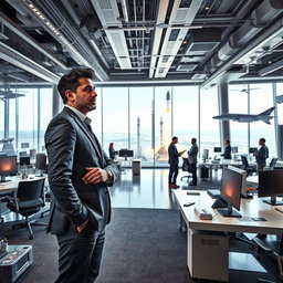 A dynamic and futuristic office interior of a large aerospace company resembling SpaceX, showcasing high-tech designs and advanced technology