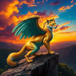 A fantastical creature that is a fusion of various animals: it has the majestic wings of an eagle, the sleek body of a panther, and the playful tail of a fox