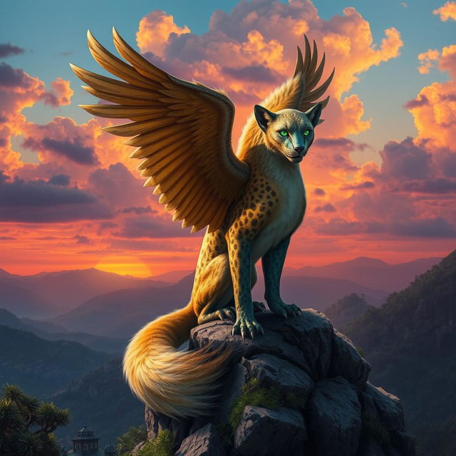 A fantastical creature that is a fusion of various animals: it has the majestic wings of an eagle, the sleek body of a panther, and the playful tail of a fox