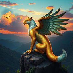 A fantastical creature that is a fusion of various animals: it has the majestic wings of an eagle, the sleek body of a panther, and the playful tail of a fox