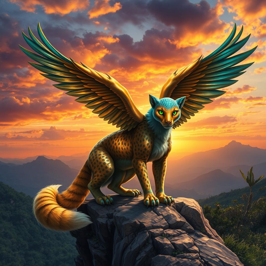 A fantastical creature that is a fusion of various animals: it has the majestic wings of an eagle, the sleek body of a panther, and the playful tail of a fox