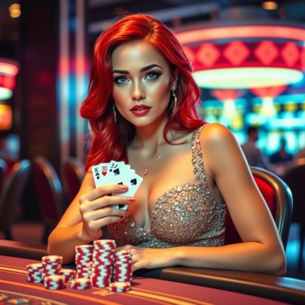 a stunning young woman with bright ruby red hair, dressed in a glamorous casino outfit, confidently holding playing cards in one hand while sitting at an elegant poker table