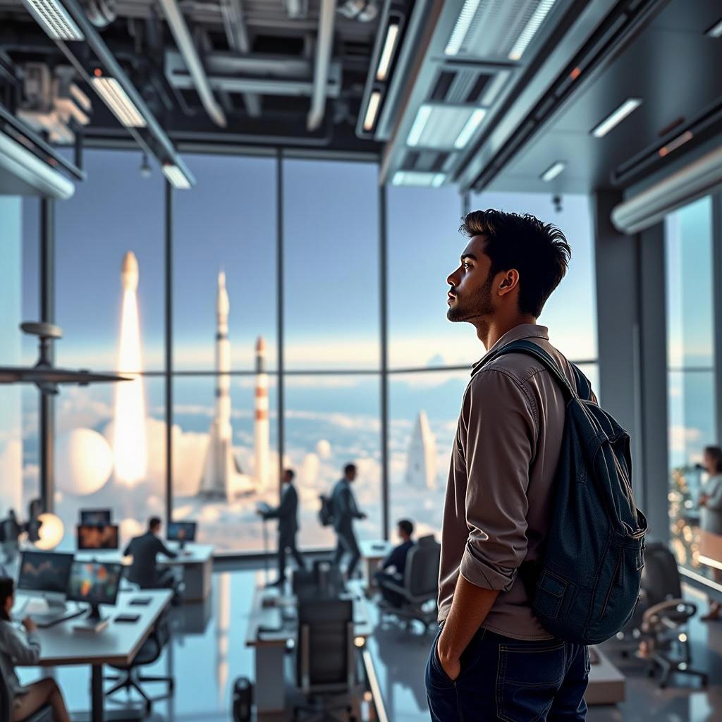 A confident young man in a sharp suit named Sharvil Nitin Gund, standing prominently in a high-tech office resembling a modern aerospace company