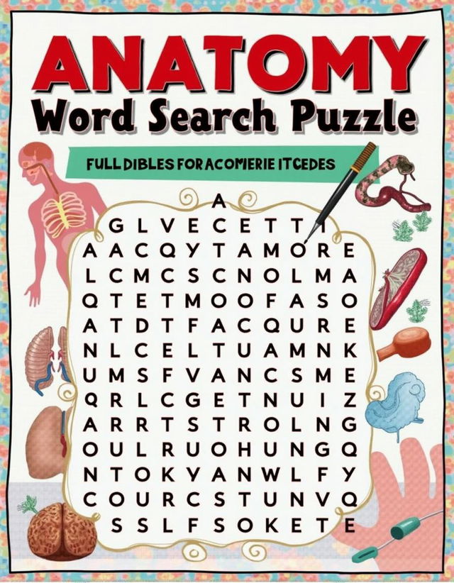 A colorful and engaging book cover for an 'Anatomy Word Search Puzzle' designed as a study aid for anatomy students