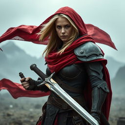 A formidable woman warrior with dark blonde hair, wearing a flowing red cloak that billows dramatically in the wind