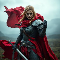 A formidable woman warrior with dark blonde hair, wearing a flowing red cloak that billows dramatically in the wind