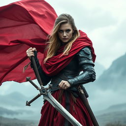 A formidable woman warrior with dark blonde hair, wearing a flowing red cloak that billows dramatically in the wind
