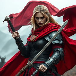 A formidable woman warrior with dark blonde hair, wearing a flowing red cloak that billows dramatically in the wind
