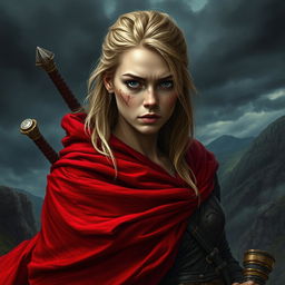 A scarred woman warrior with dark blonde hair, wearing a striking red cloak that billows dramatically behind her