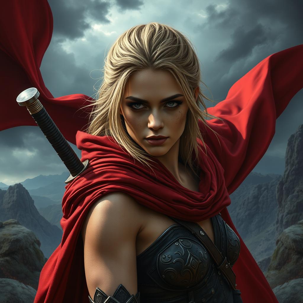 A scarred woman warrior with dark blonde hair, wearing a striking red cloak that billows dramatically behind her