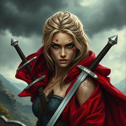 A scarred woman warrior with dark blonde hair, wearing a striking red cloak that billows dramatically behind her