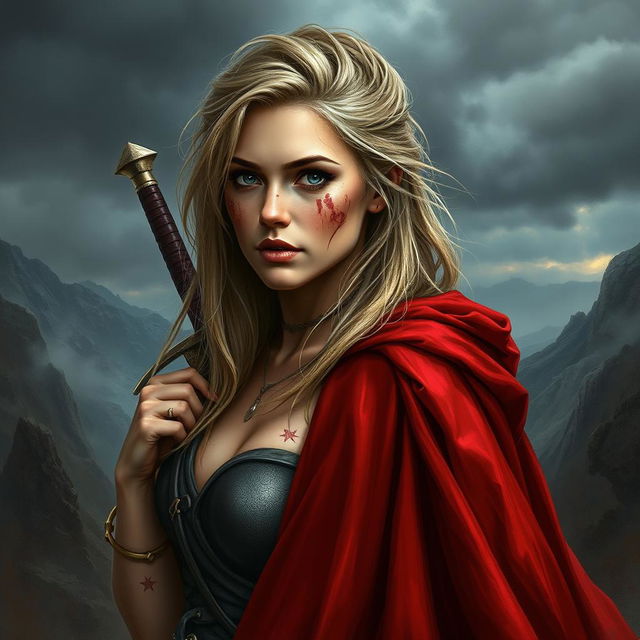 A scarred woman warrior with dark blonde hair, wearing a striking red cloak that billows dramatically behind her