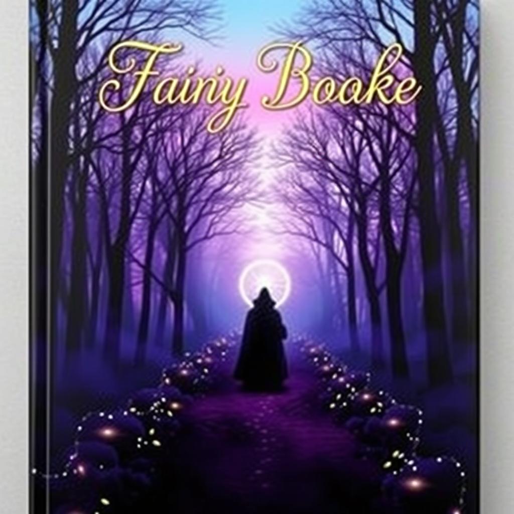 A captivating book cover featuring an enchanting forest at twilight, bathed in soft purple and blue hues