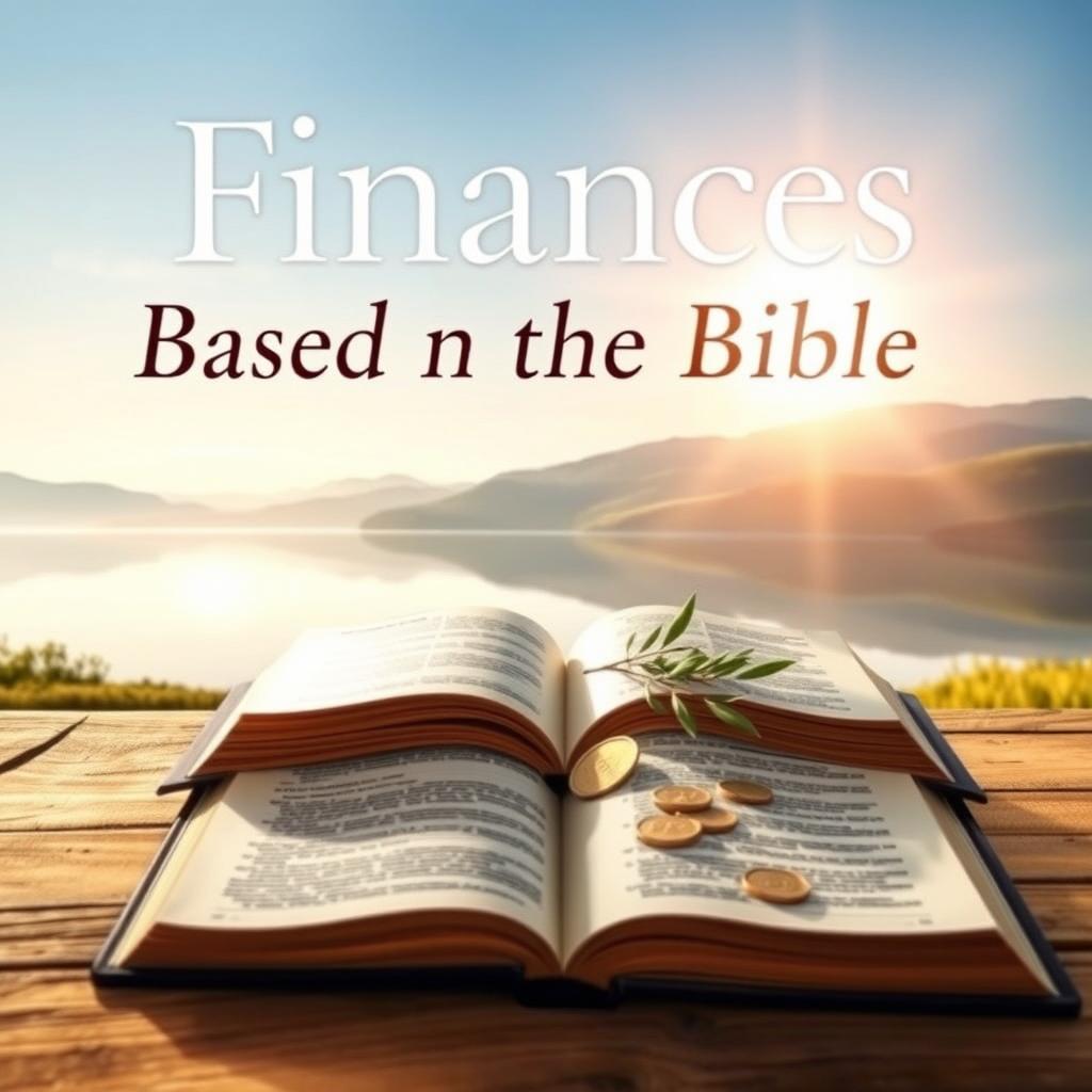A thoughtful and inspiring book cover titled 'Finances Based on the Bible', featuring a serene landscape with a calm lake reflecting a bright sky at dawn