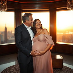 A romantic scene featuring a wealthy billionaire and his pregnant fiancée in a luxurious setting