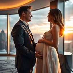 A romantic scene featuring a wealthy billionaire and his pregnant fiancée in a luxurious setting