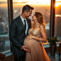A romantic scene featuring a wealthy billionaire and his pregnant fiancée in a luxurious setting