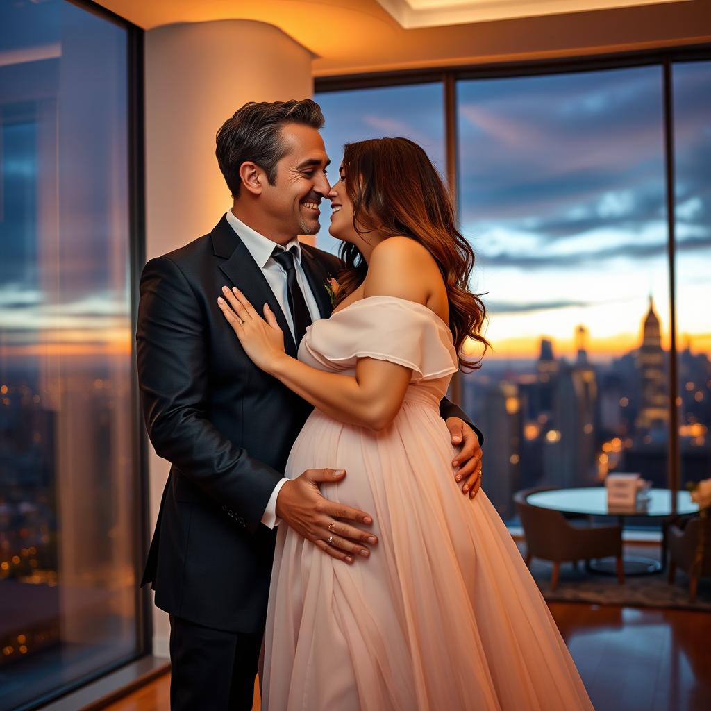 A romantic scene featuring a wealthy billionaire and his pregnant fiancée in a luxurious setting