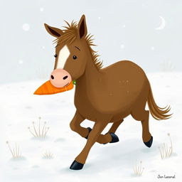 In a snowy winter landscape, a small brown pony is playfully walking through the snow while holding a bright orange carrot in its mouth
