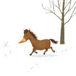 In a snowy winter landscape, a small brown pony is playfully walking through the snow while holding a bright orange carrot in its mouth