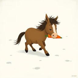 In a snowy winter landscape, a small brown pony is playfully walking through the snow while holding a bright orange carrot in its mouth