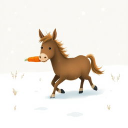 In a snowy winter landscape, a small brown pony is playfully walking through the snow while holding a bright orange carrot in its mouth