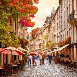 A bustling European street packed with busy cafes and boutiques. Colorful umbrellas adorn quaint outdoor seating areas, and cobblestone streets sparkle after a summer shower. Turning leaves hint at the coming fall.