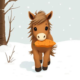 In a winter scene, a cute brown pony walks through a snowy landscape, holding a sweet potato in its mouth