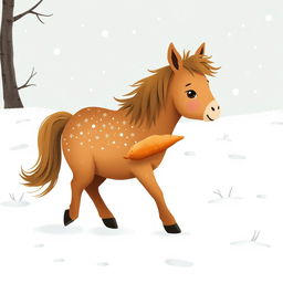 In a winter scene, a cute brown pony walks through a snowy landscape, holding a sweet potato in its mouth