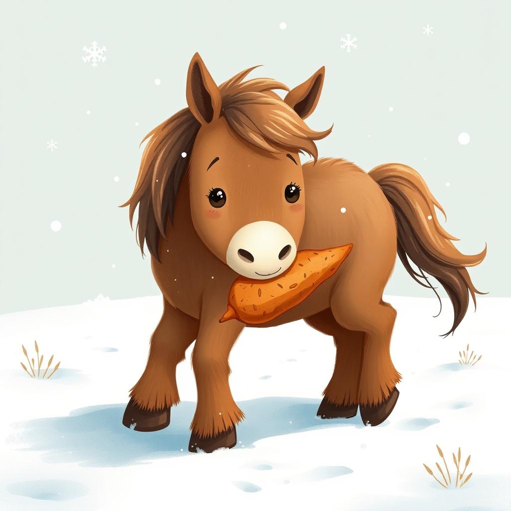 In a winter scene, a cute brown pony walks through a snowy landscape, holding a sweet potato in its mouth