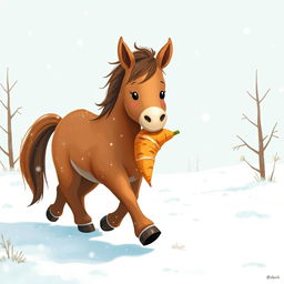 In a winter scene, a cute brown pony walks through a snowy landscape, holding a sweet potato in its mouth