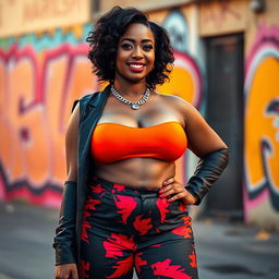 A confident black woman with a curvy figure, showcasing her beautiful curves in a stunning, vibrant outfit that highlights her assets