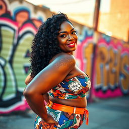 A confident black woman with a curvy figure, showcasing her beautiful curves in a stunning, vibrant outfit that highlights her assets
